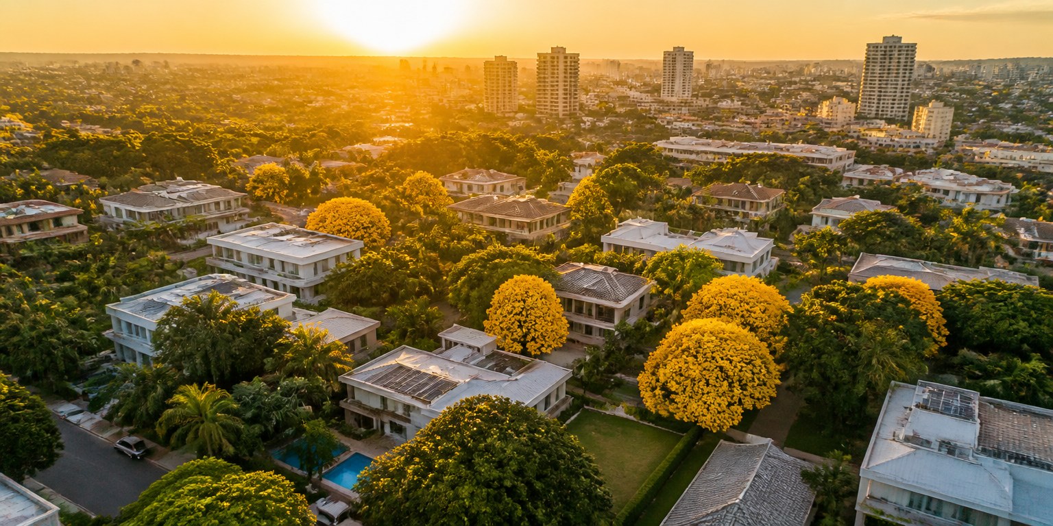 Vista aérea de bairro nobre em Ribeirão Preto ao entardecer