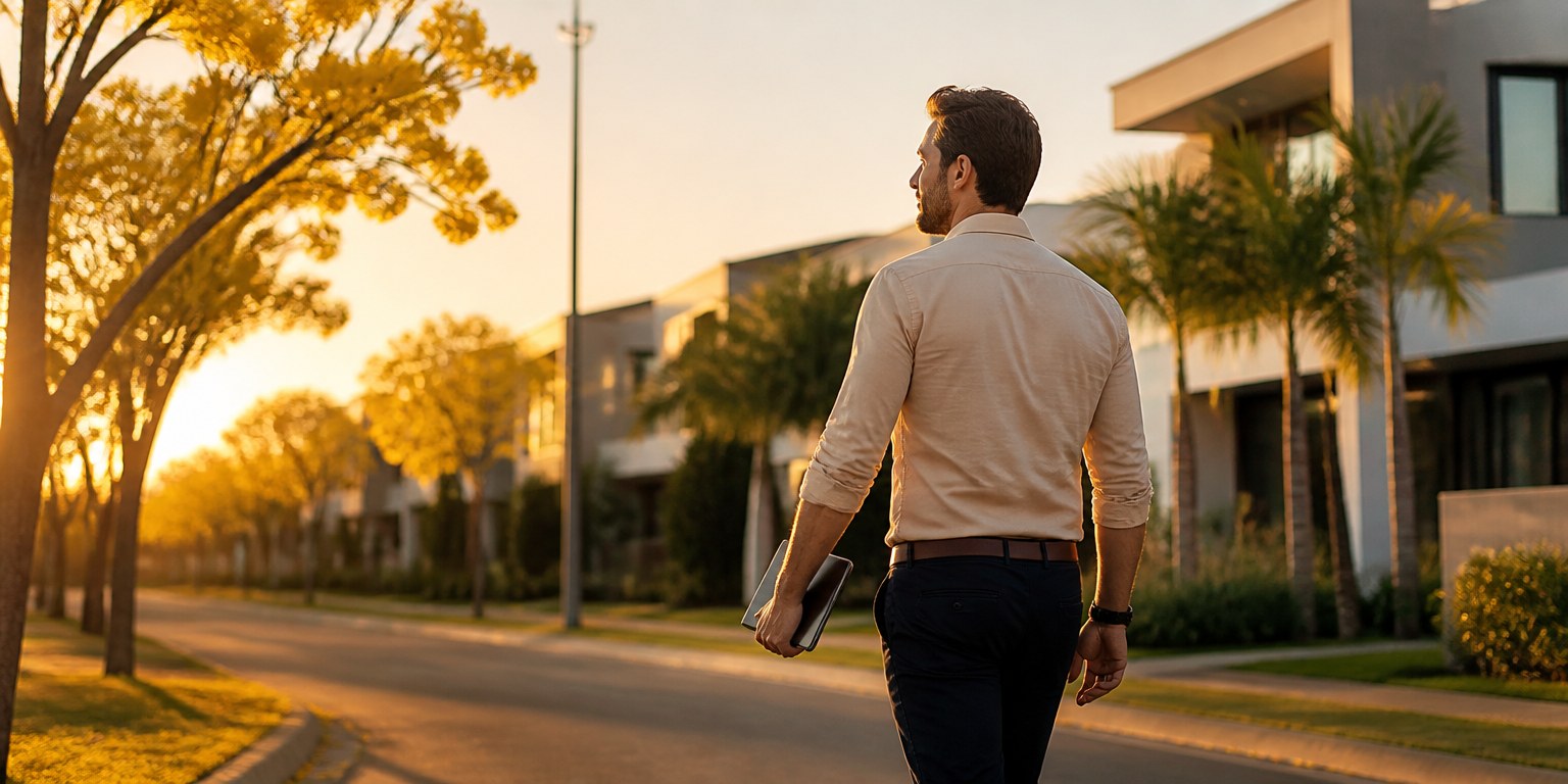 Corretor caminhando por bairro nobre de Ribeirão Preto ao entardecer