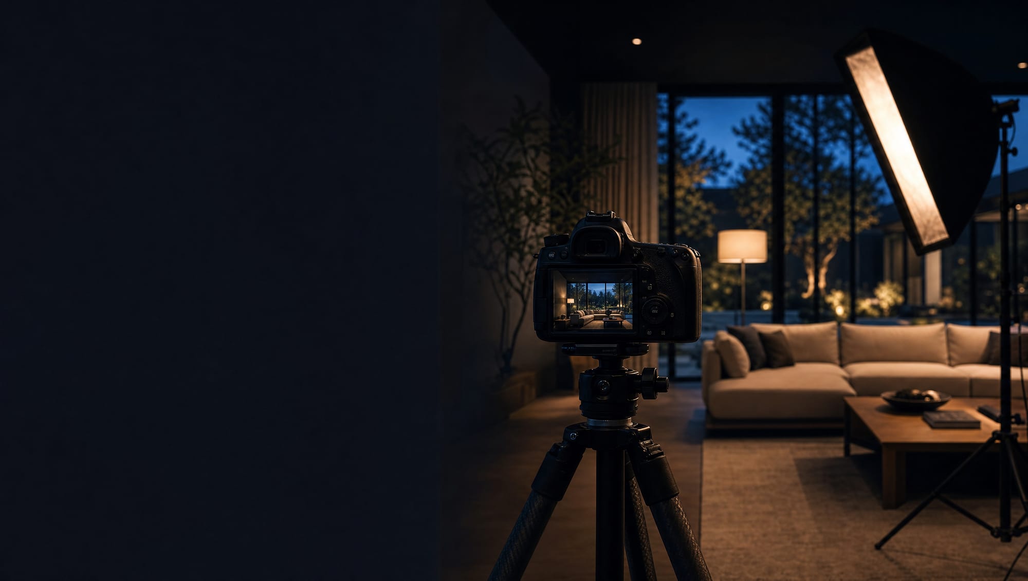 Câmera em tripé e luz de estúdio fotografando uma sala de estar ao anoitecer