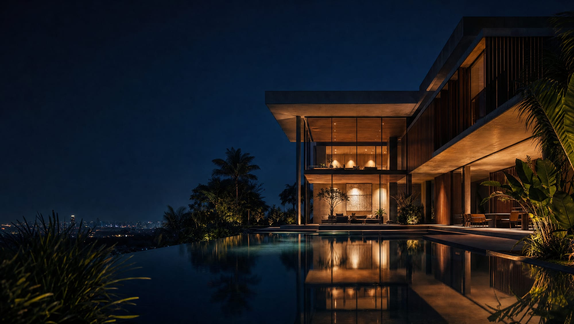 Casa contemporânea refletida na piscina ao anoitecer